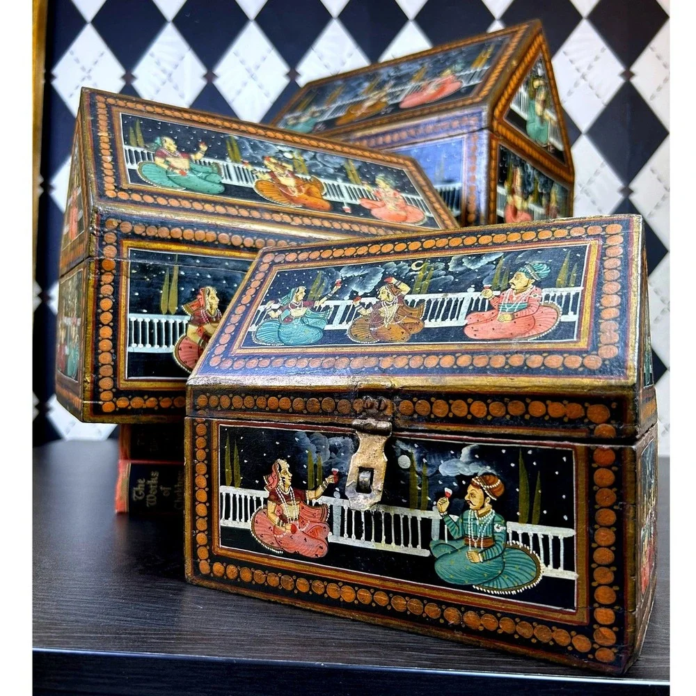 Vintage Indian Hand Painted Nesting Wooden Box Set of 3 Folk Art Storage Chests